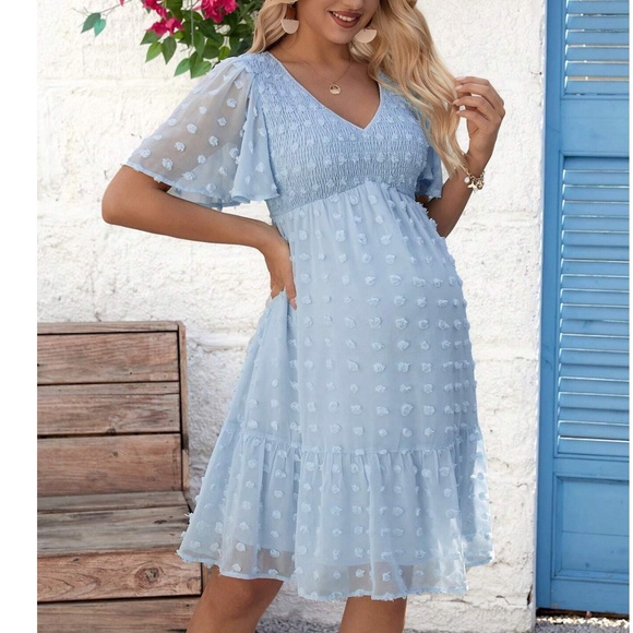 Maternity Swiss Dot Butterfly Sleeve Ruffle Mini Dress - Picture 2 of 4